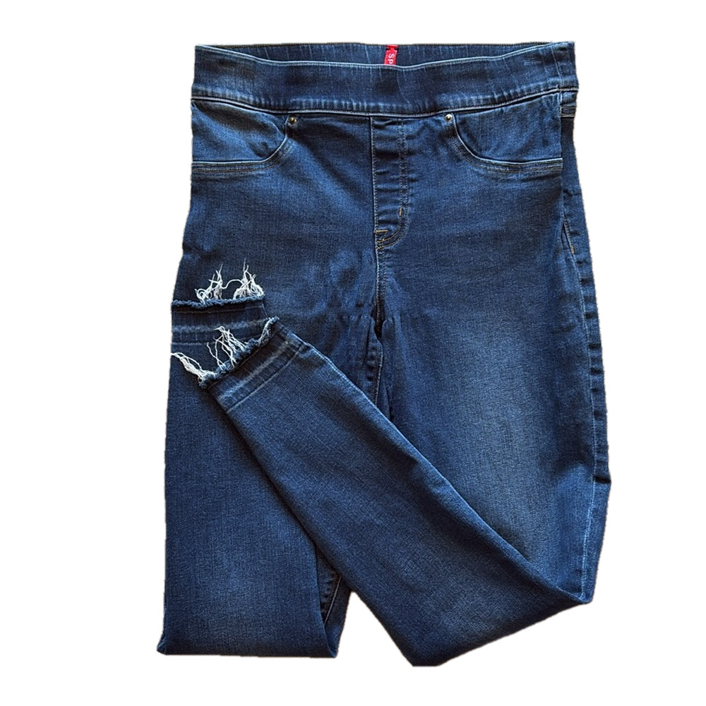 Spanx Distressed Womans Medium Ankle Skinny Pull-On Raw Hem Jeans